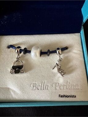 Bella Perlina Silver Charms with White Bead and Navy Cord